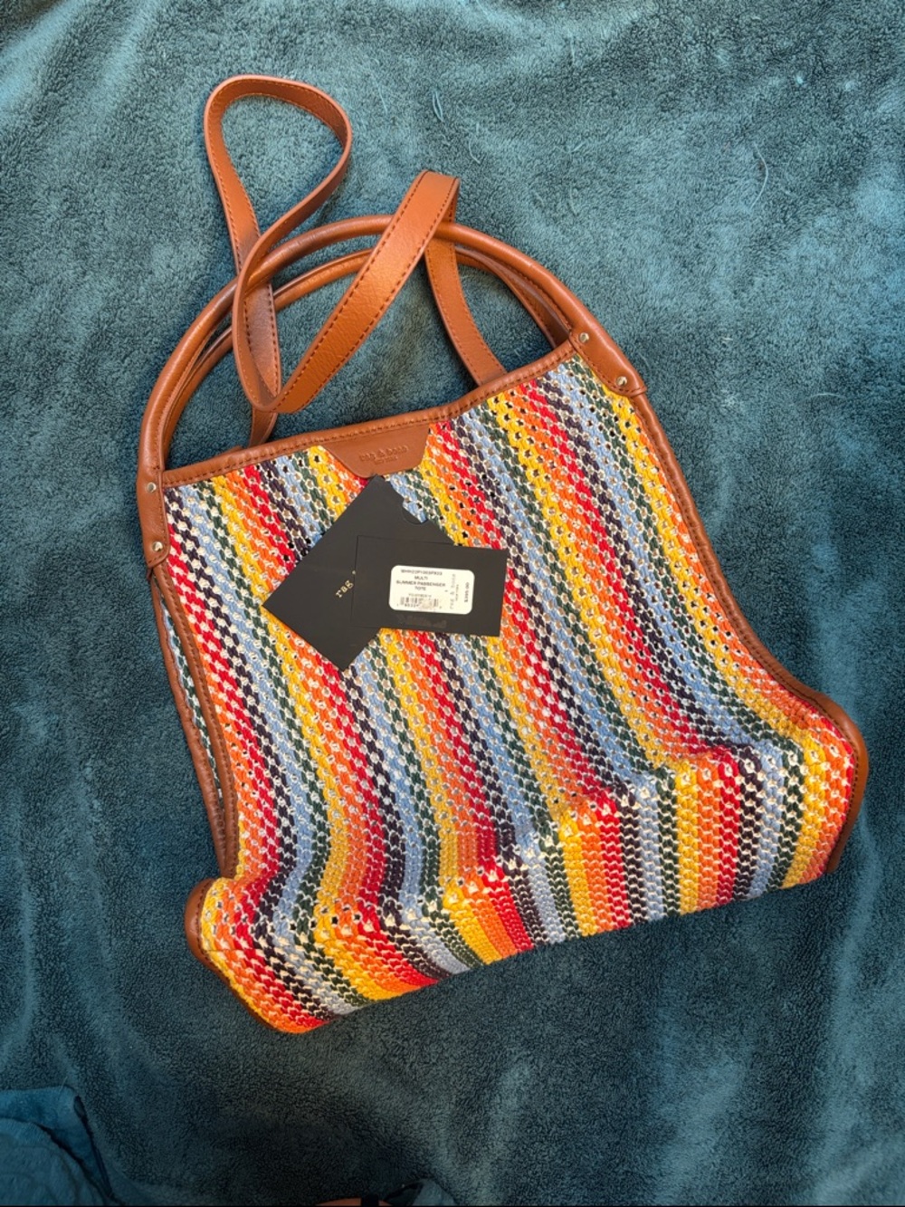 Rag&Bone Multi-Stripe Woven Tote Bag with Brown Leather handles and trim